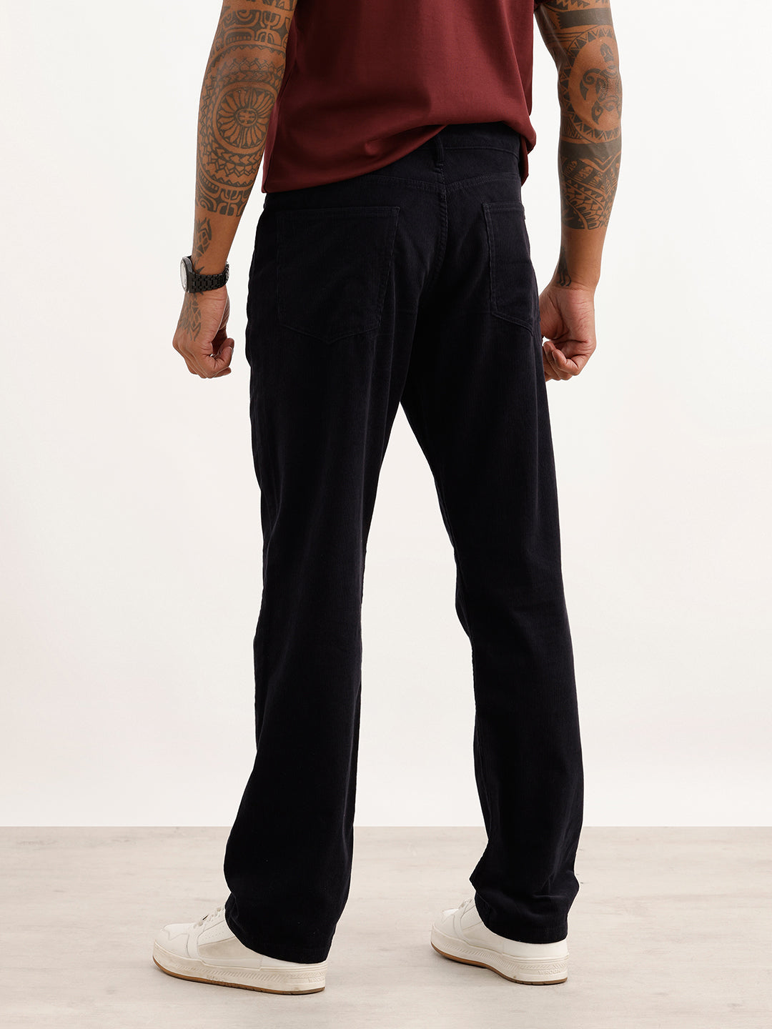 Solid Straight Fit Corduroy Trousers | Navy Blue