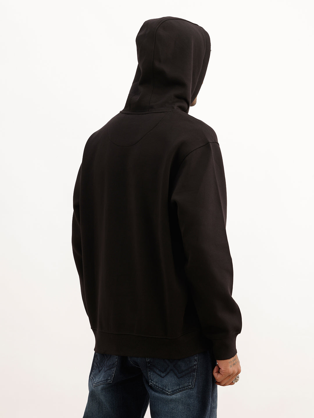 Solid Flock Printed Hoodie | Black