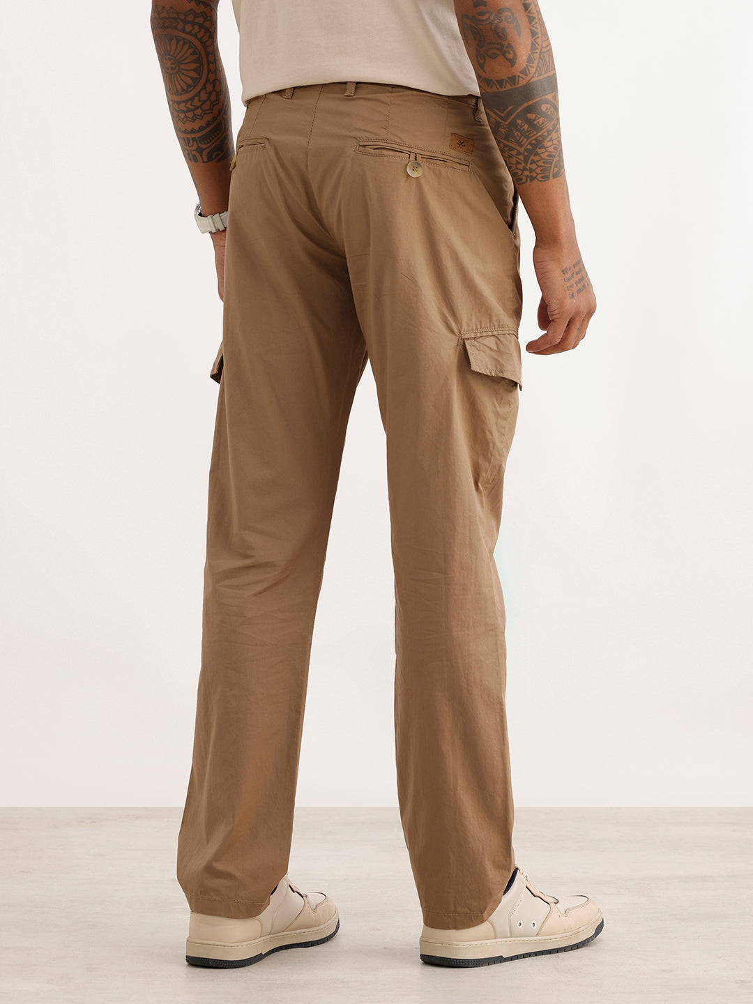 Solid Straight Fit Cargo Trousers | Khaki