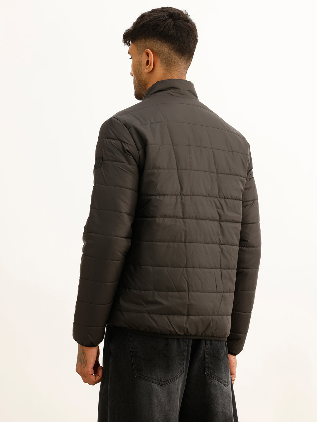 Solid Regular Fit Puffer Jacket | Black