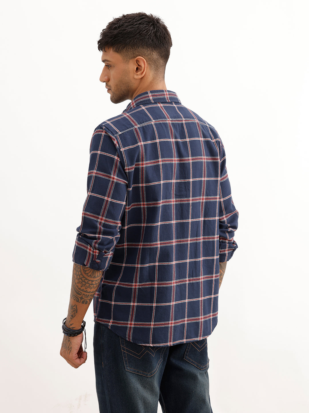 Slim Fit Checkered Full Sleeve Shirt | Navy Blue