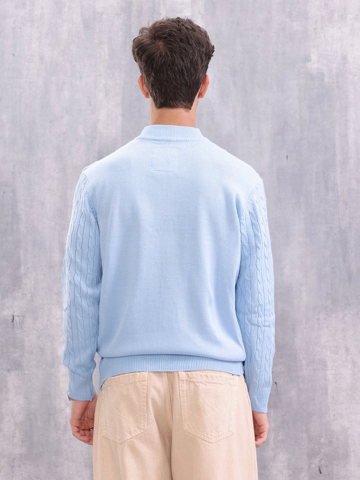 Soft Pastel Blue Cable Knit Half Zipper Pullover | Light Blue