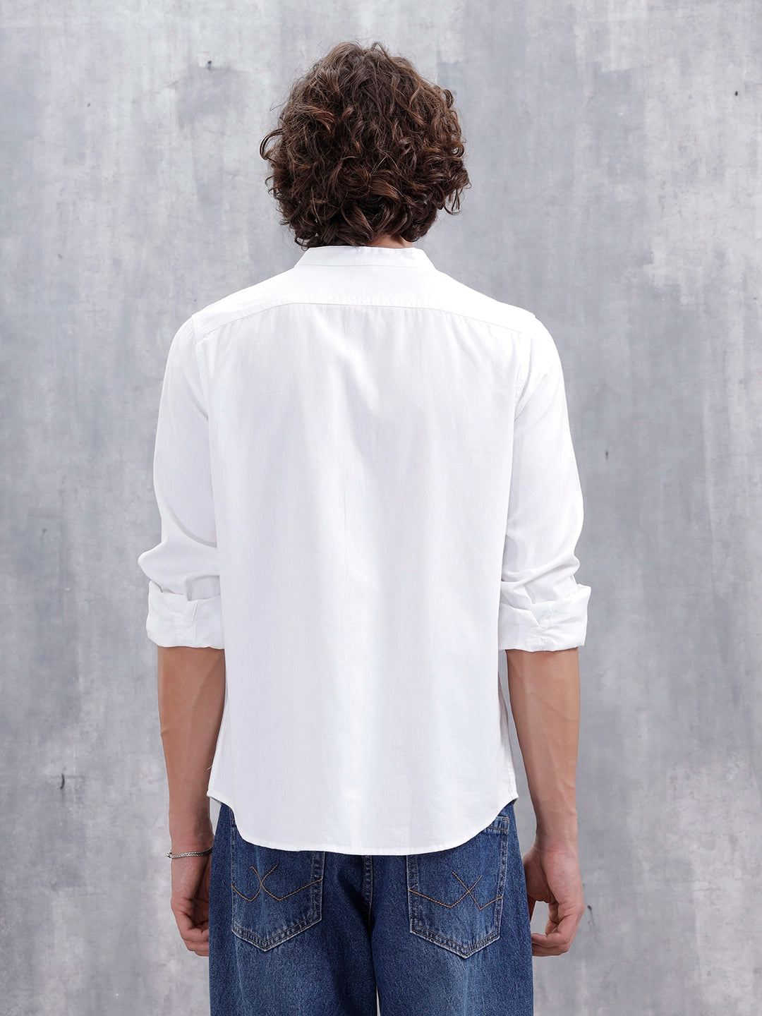 100% Cotton Solid Mandarin Collar Shirt | Off White