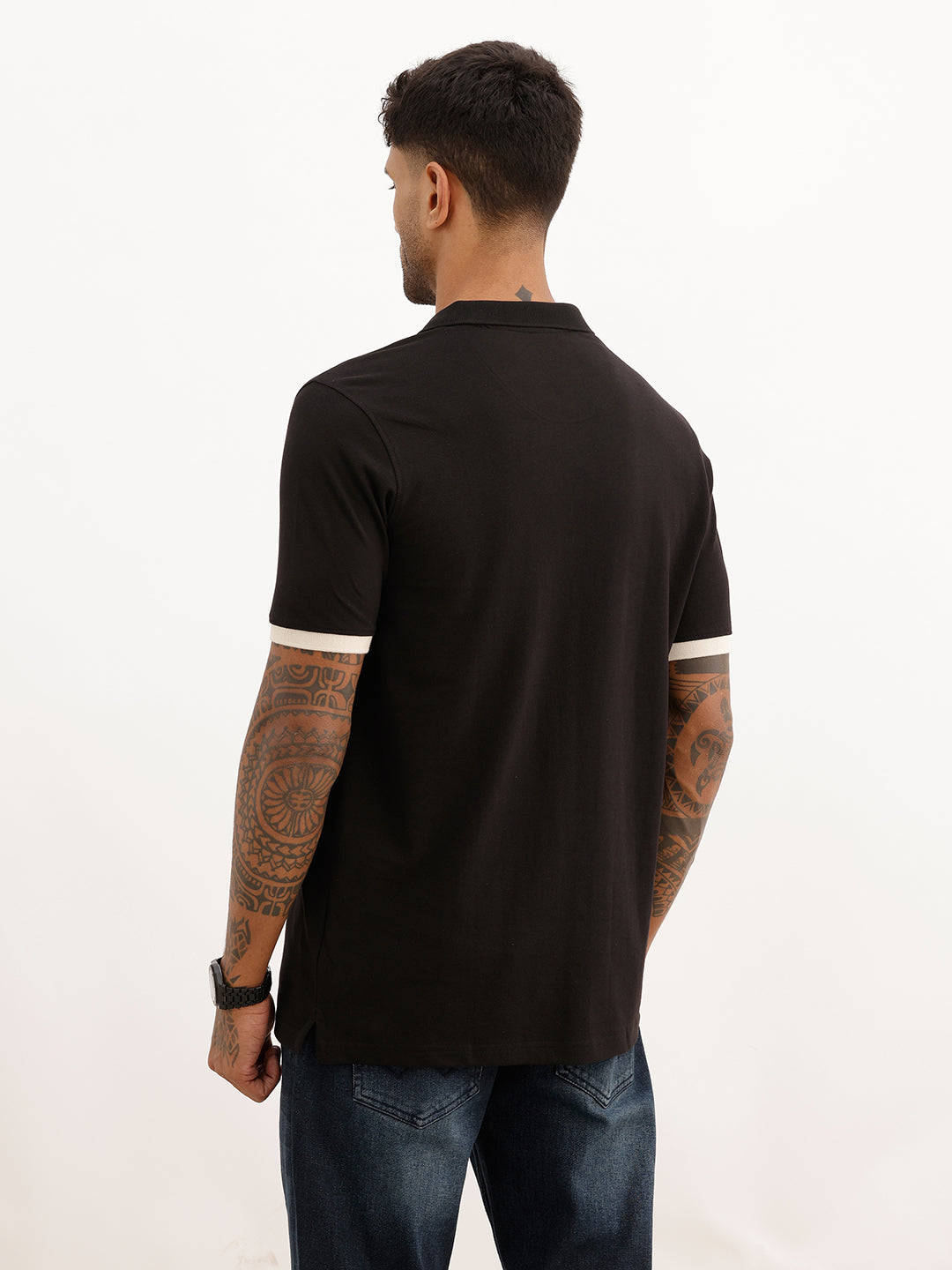 Slim Fit Contrast Sleeve Polo T-Shirt | Black