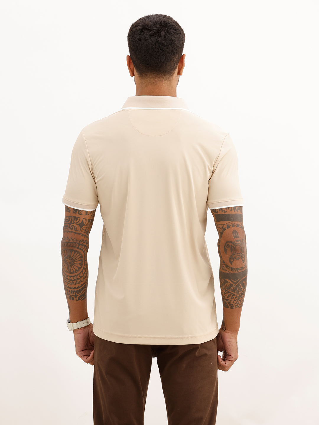 Slim Fit Solid Tipping Collar Polo T-Shirt | Beige