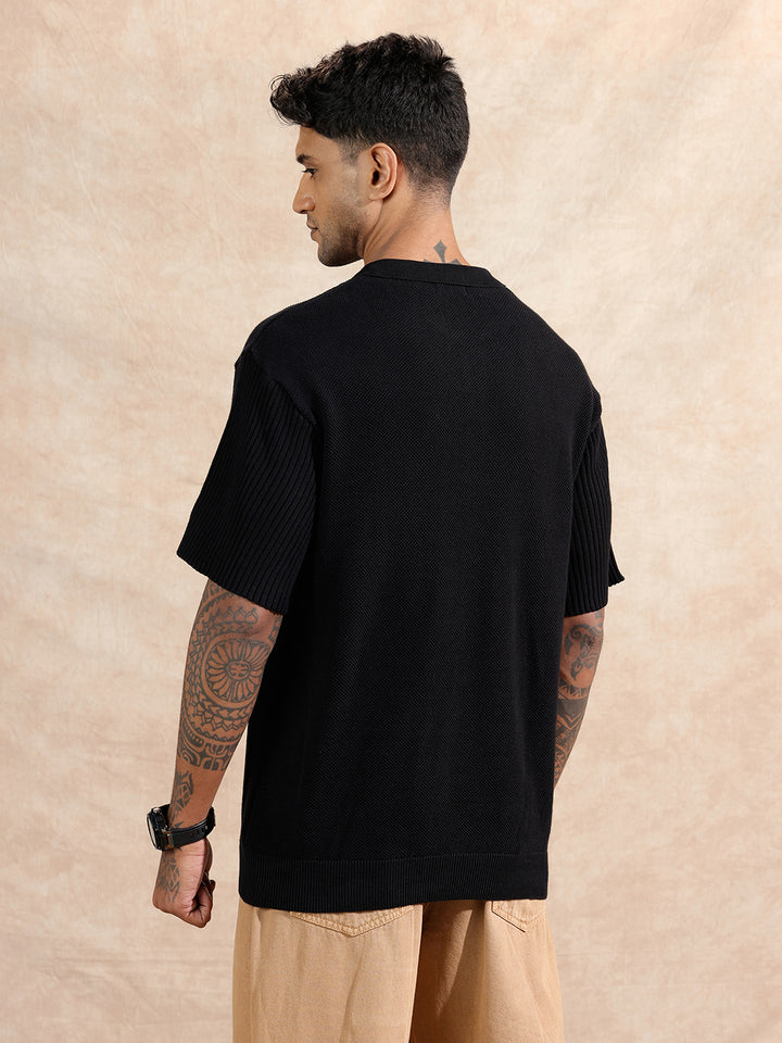 Solid Textured Flat Knit Polo T-Shirt | Black