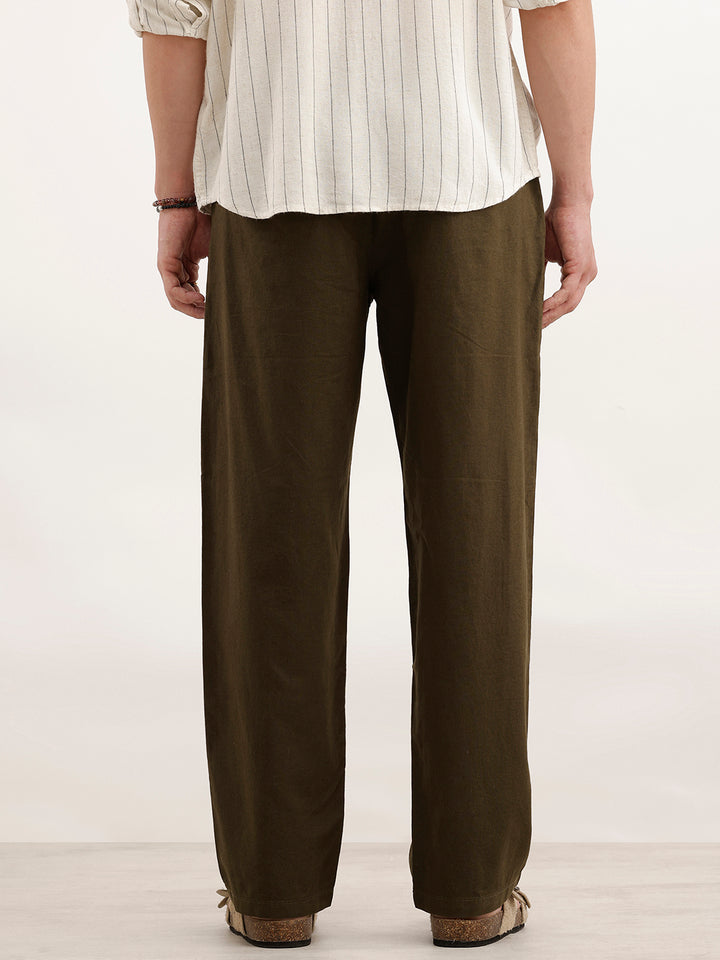 Loose Fit Linen Blend Mens Casual Wear Trouser  | Olive
