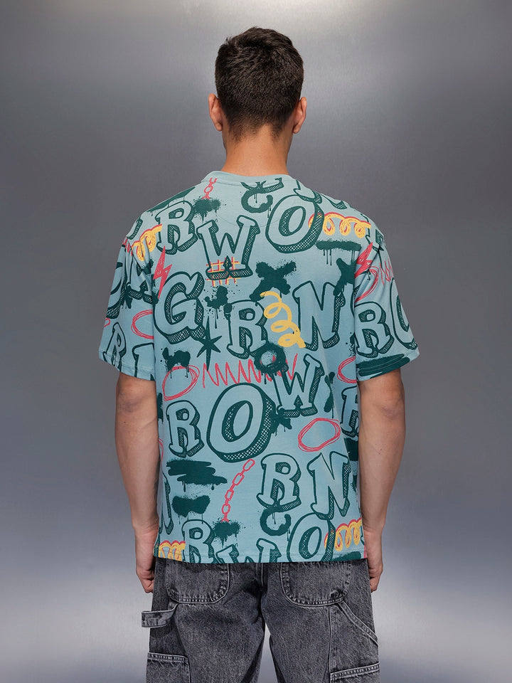 Men's oversized all-over graphic print T-shirt | Teal