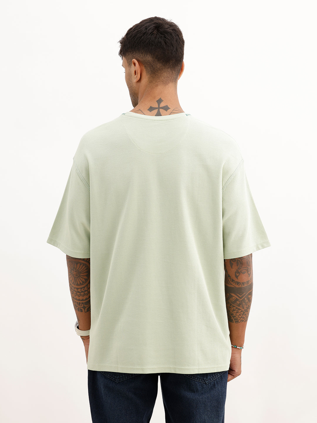 Oversized Contrast Stitch Textured T-Shirt | Light Green