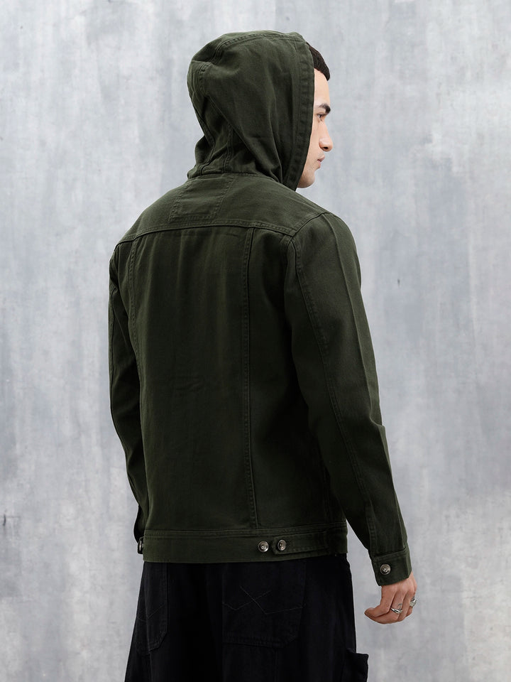 Wrogn Men's Casual Zip-Up Hooded Jacket | Olive