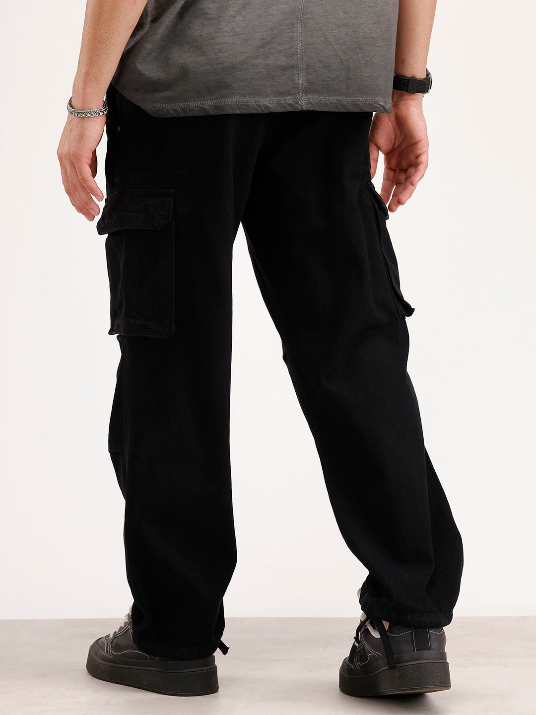 Solid Loose Fit Denim Cargo | Black