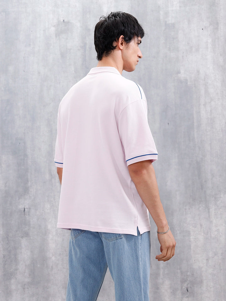 Oversized Polo T-Shirt With Contrast Trim Details | Pink