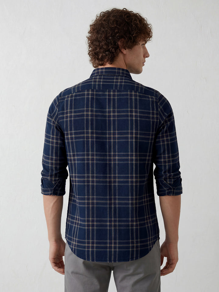 Men's casual checkered pattern slim fit shirt | Navy Blue