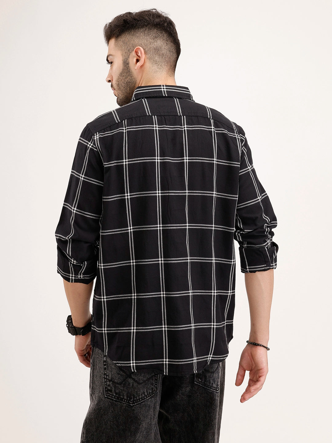 Slim Fit Double Pocket Checkered Shirt | Black