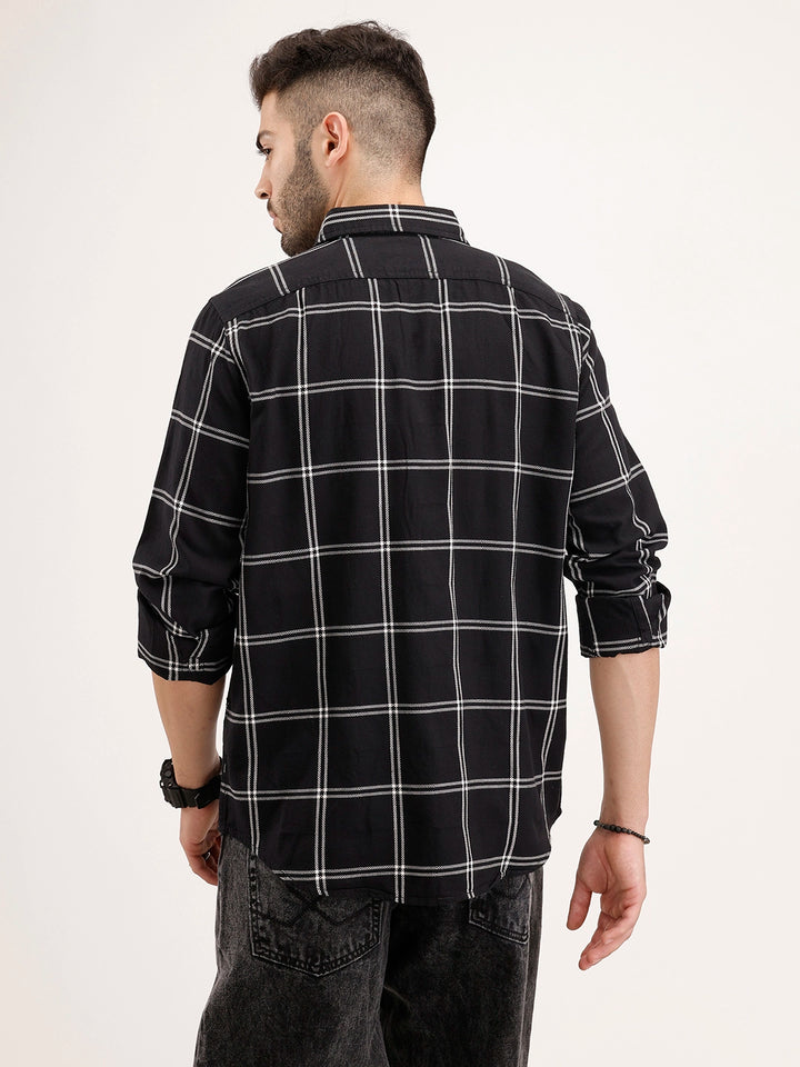 Slim Fit Double Pocket Checkered Shirt | Black