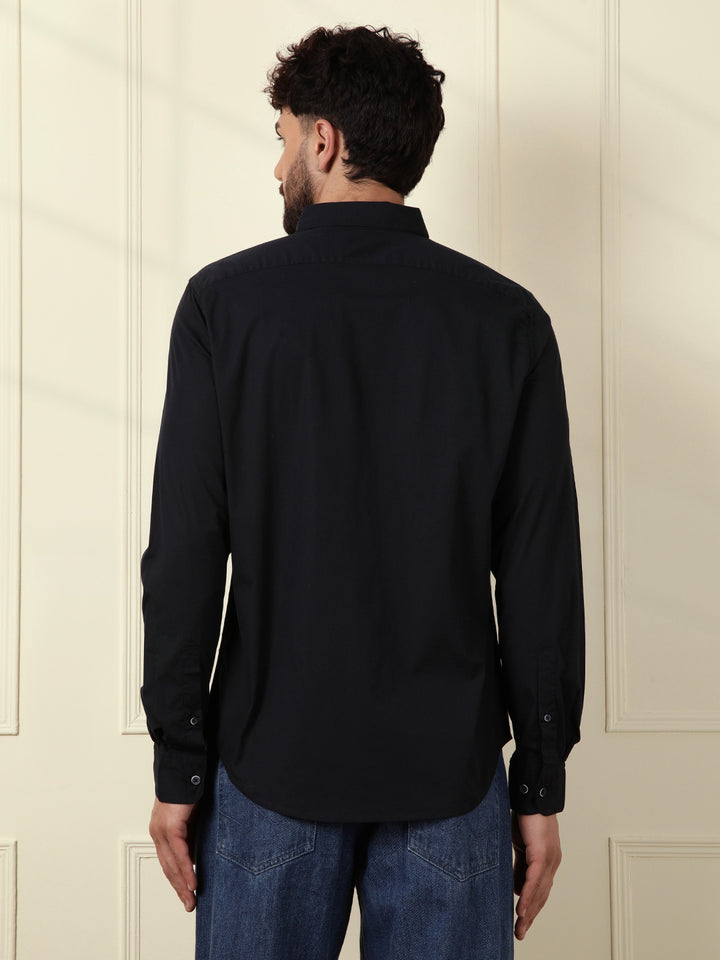 Solid Cotton Blend Stretch Shirt | Navy Blue