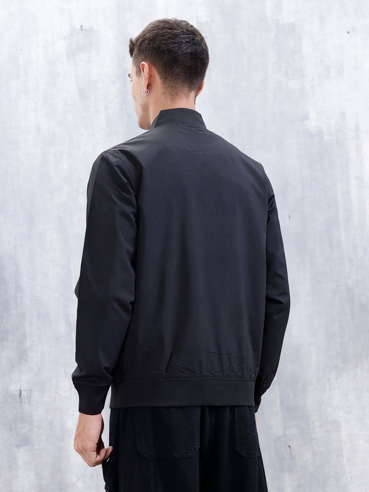 Men's Solid Casual Regular Fit Bomber Jacket | Black