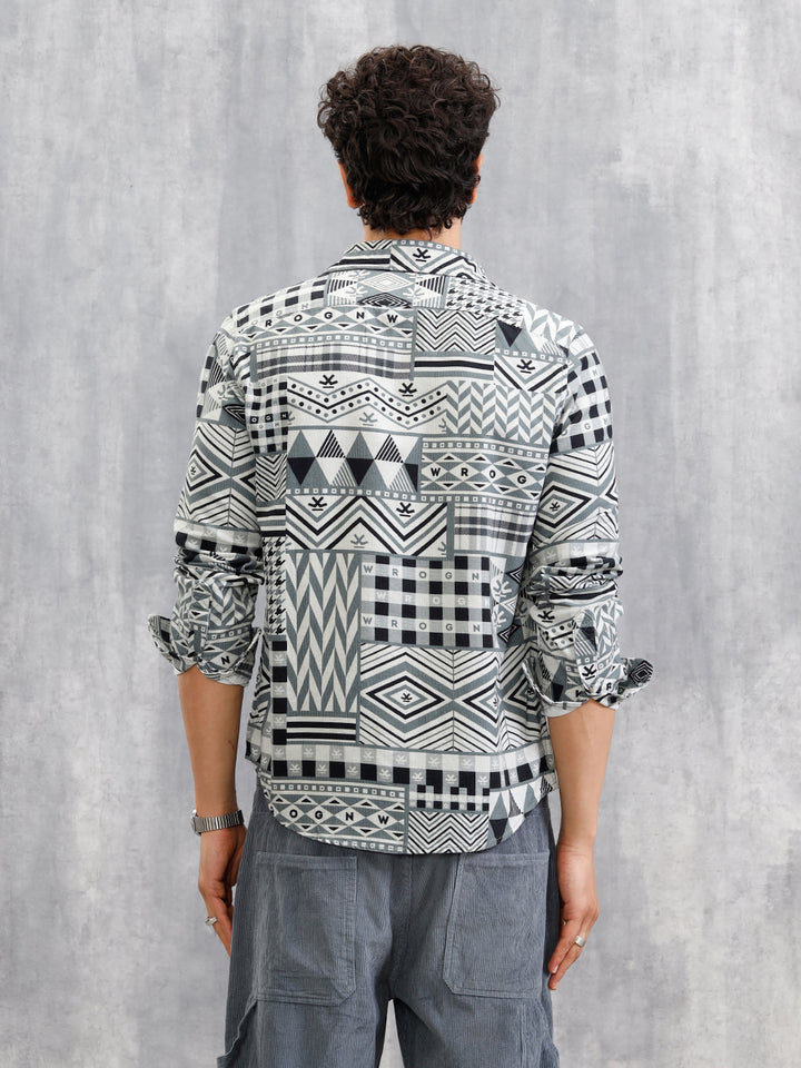 Corduroy Geometric Print Shirt In Slim Fit | Grey
