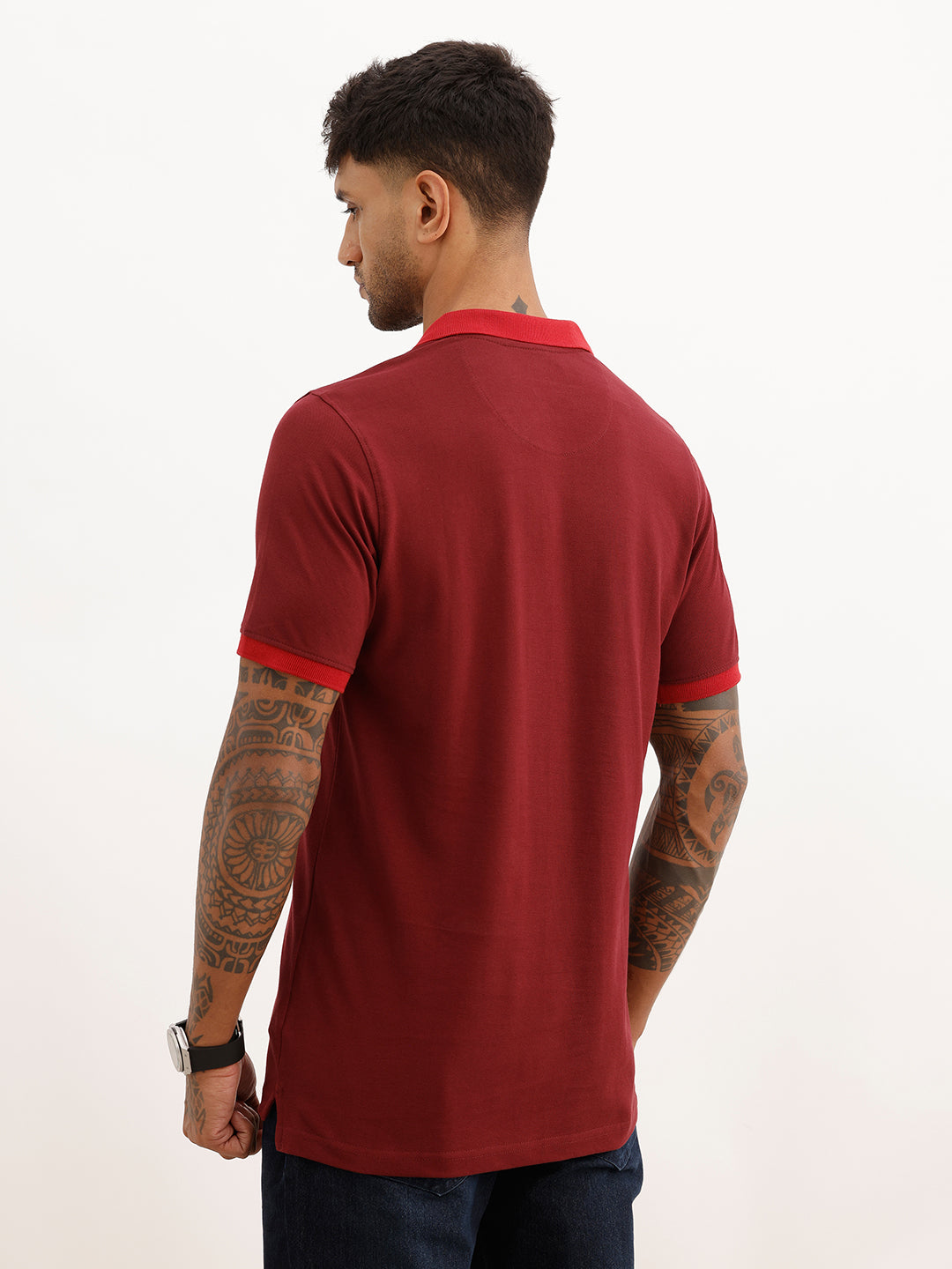 Slim Fit Contrast Collar Polo T-Shirt | Maroon