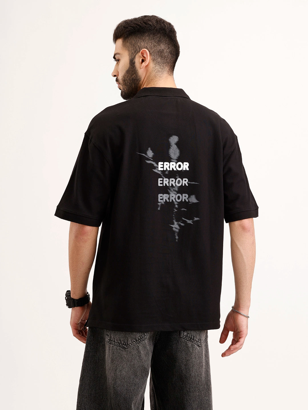 Oversized Back Printed Polo T-Shirt | Black