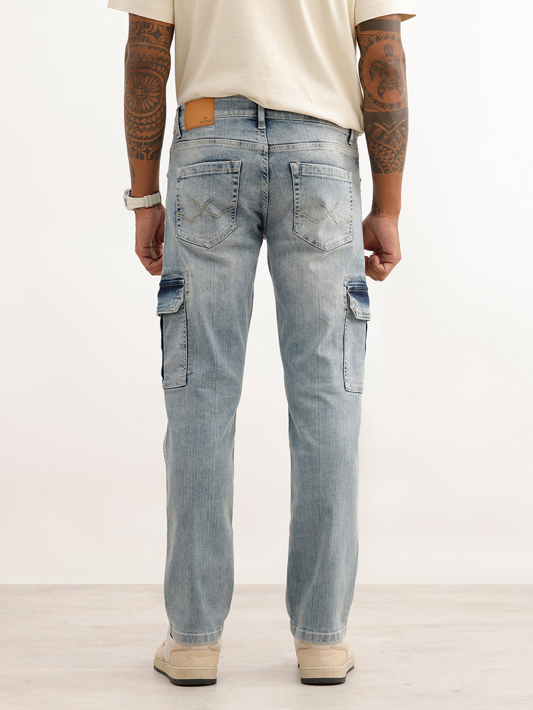 Textured Straight Fit Denim Cargo | Light Blue