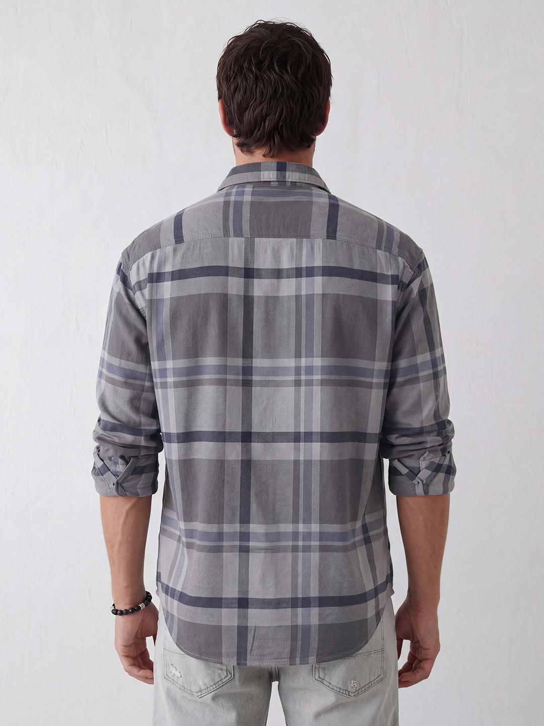 Oversized Placement Printed Checkered Shirt | Grey