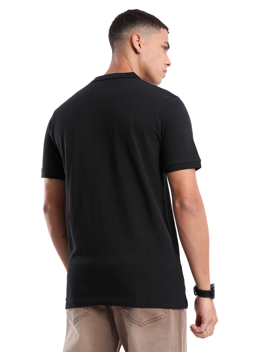 Solid Black Logo Embroidered Polo T-Shirt