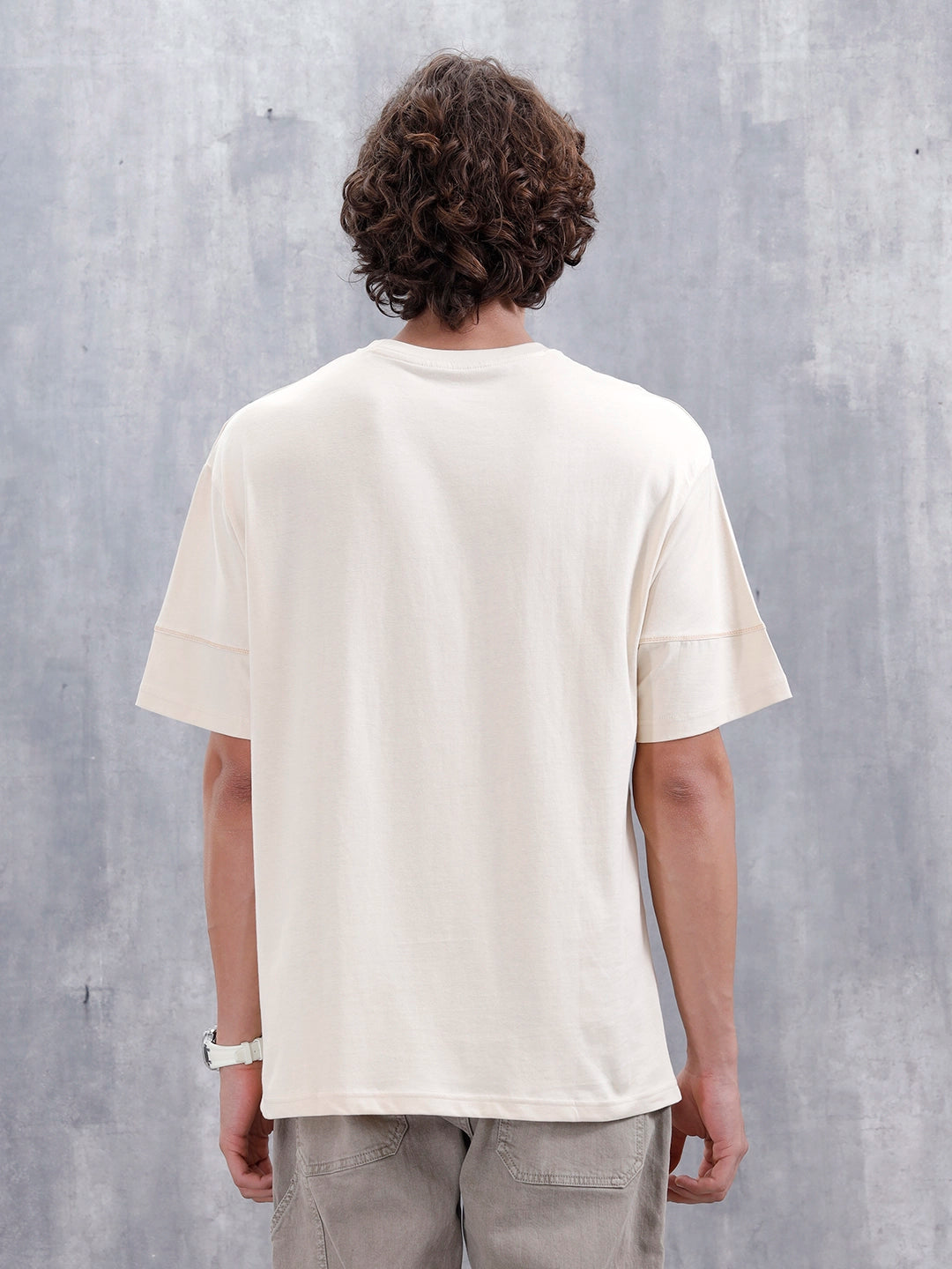 Casual Men Oversized Fit Tee With Flat Lock Detail | Beige