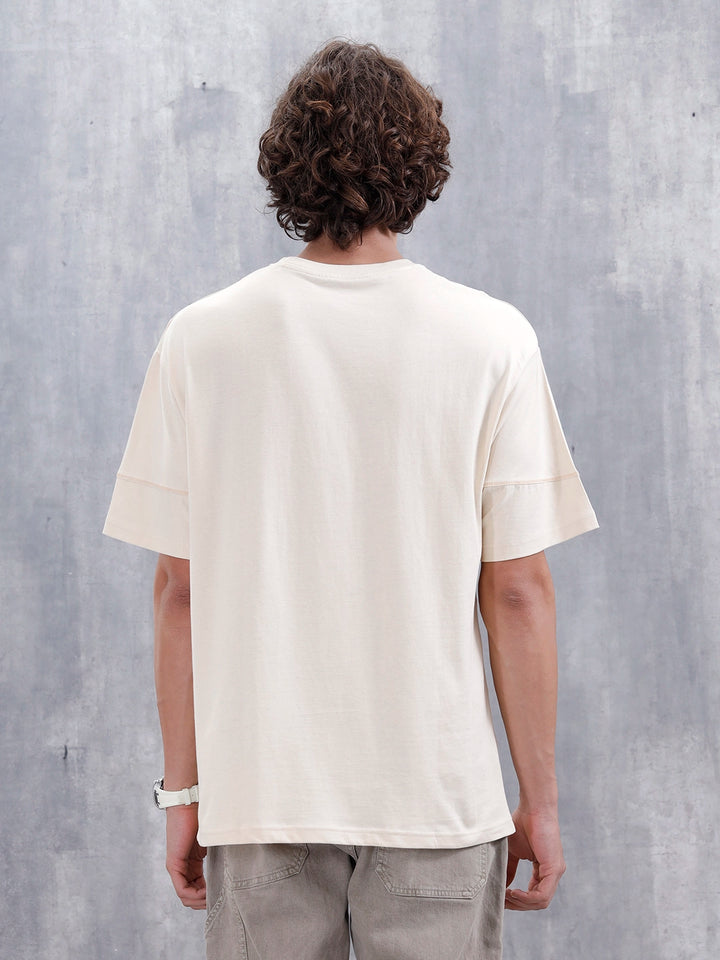 Casual Men Oversized Fit Tee With Flat Lock Detail | Beige