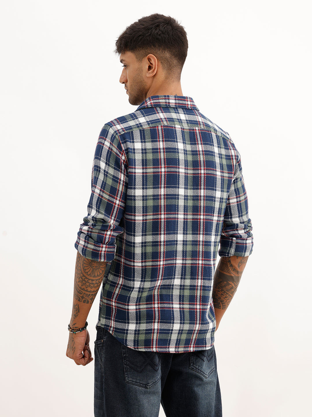Slim Fit Checkered Full Sleeve Shirt | Navy Blue