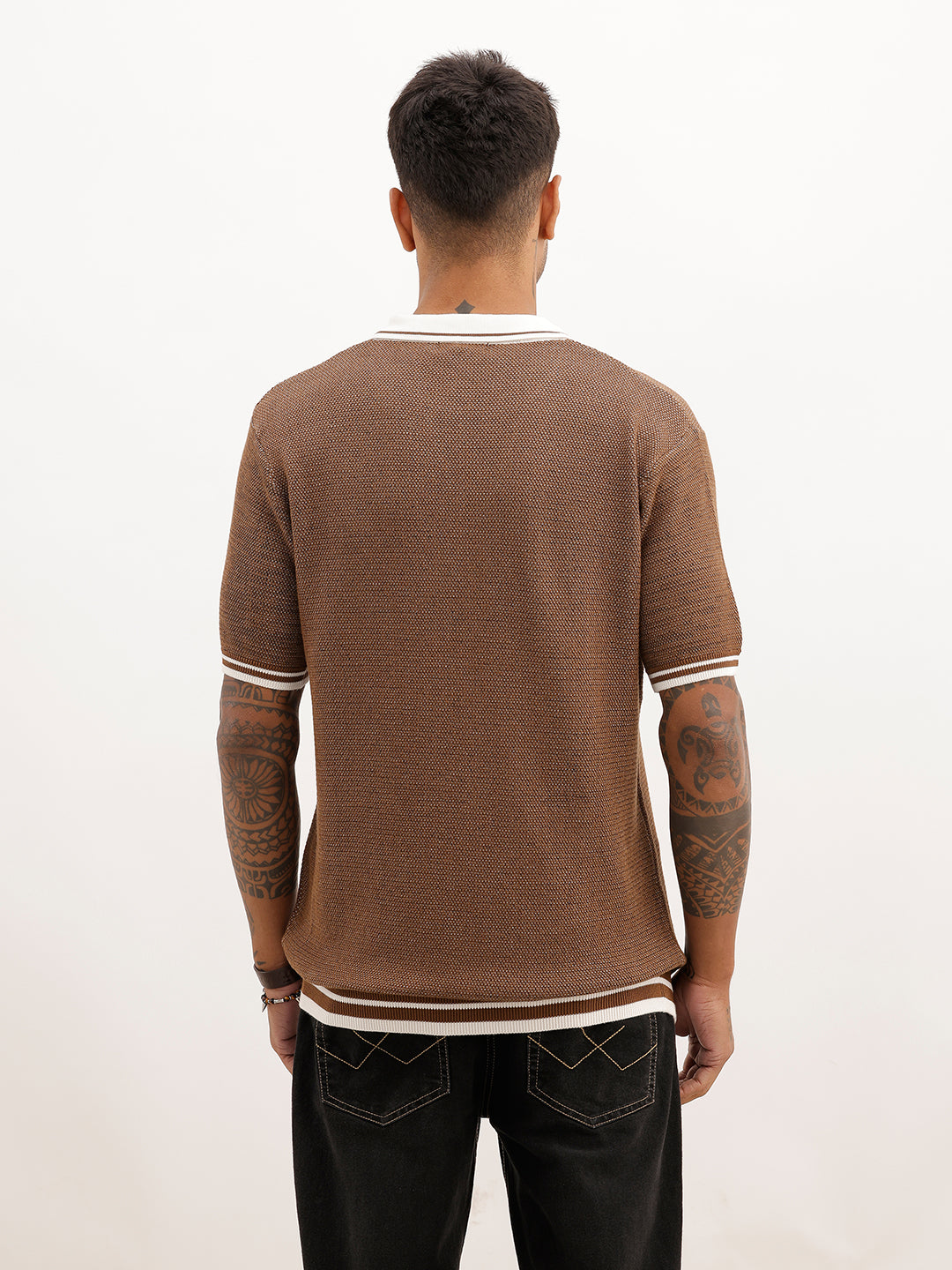 Textured Contrast Collar Polo T-Shirt | Beige