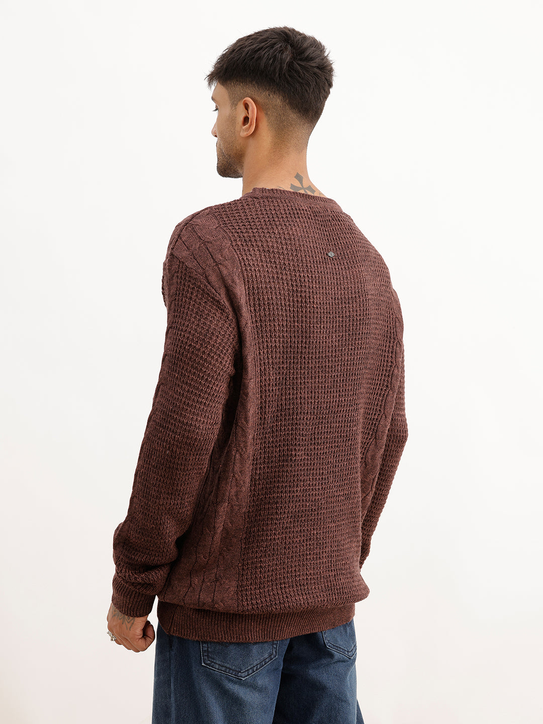 Regular Fit Textured Cable Knit Sweater | Brown