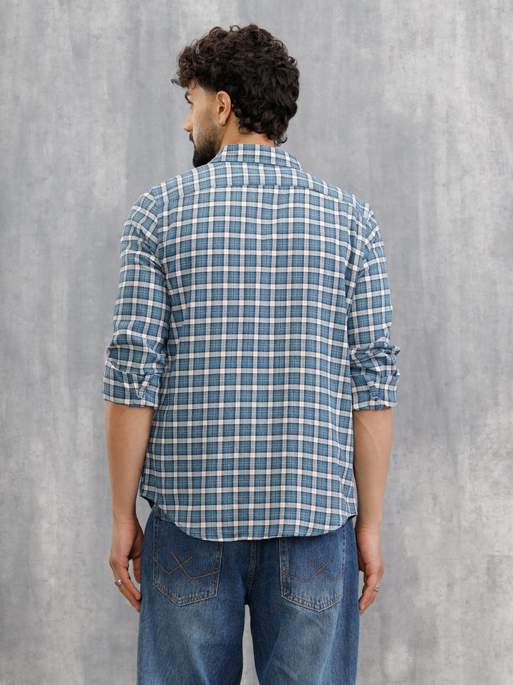 Micro Check Shirt In Seersucker Fabric | Blue