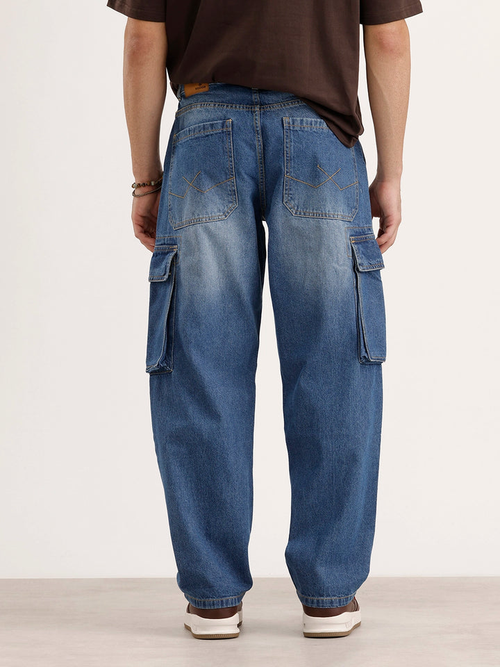 Loose Fit Cargo Denim Jeans | Light Blue