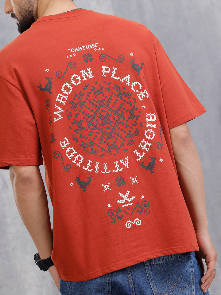 Cross Stitch Inspired 3D Back Print Crew Neck T-Shirt | Rust