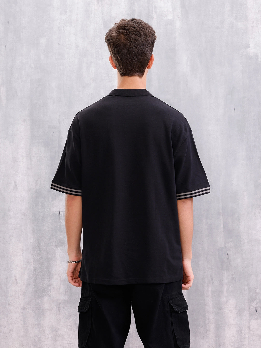 Club-Inspired Retro Johnny Collar Striped T-Shirt | Black