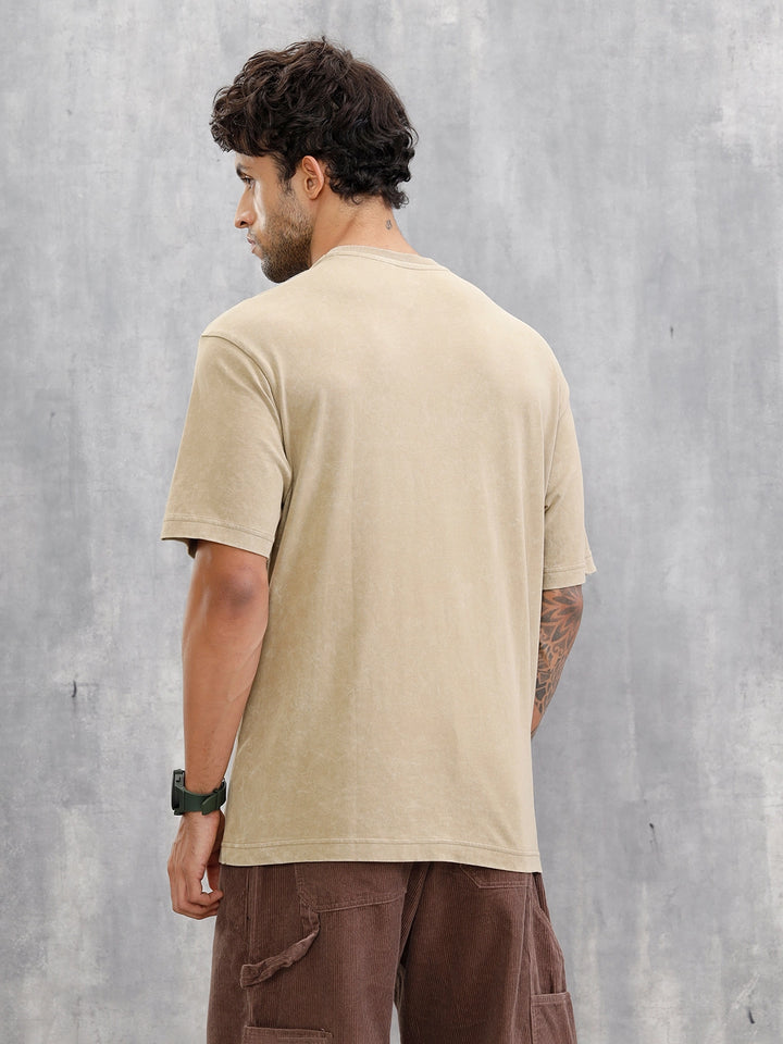 Acid Wash Oversized Fit T-shirt With Embroidery | Khaki