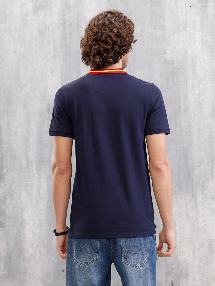 Solid Contrast Collar Polo T-Shirt  | Navy Blue