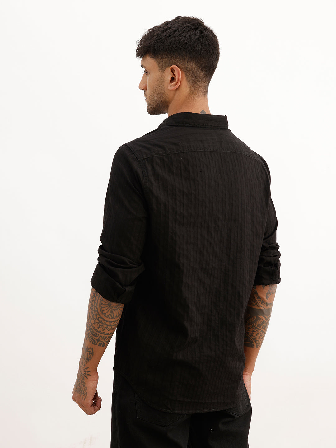 Textured Slim Fit Striped Shirt | Black