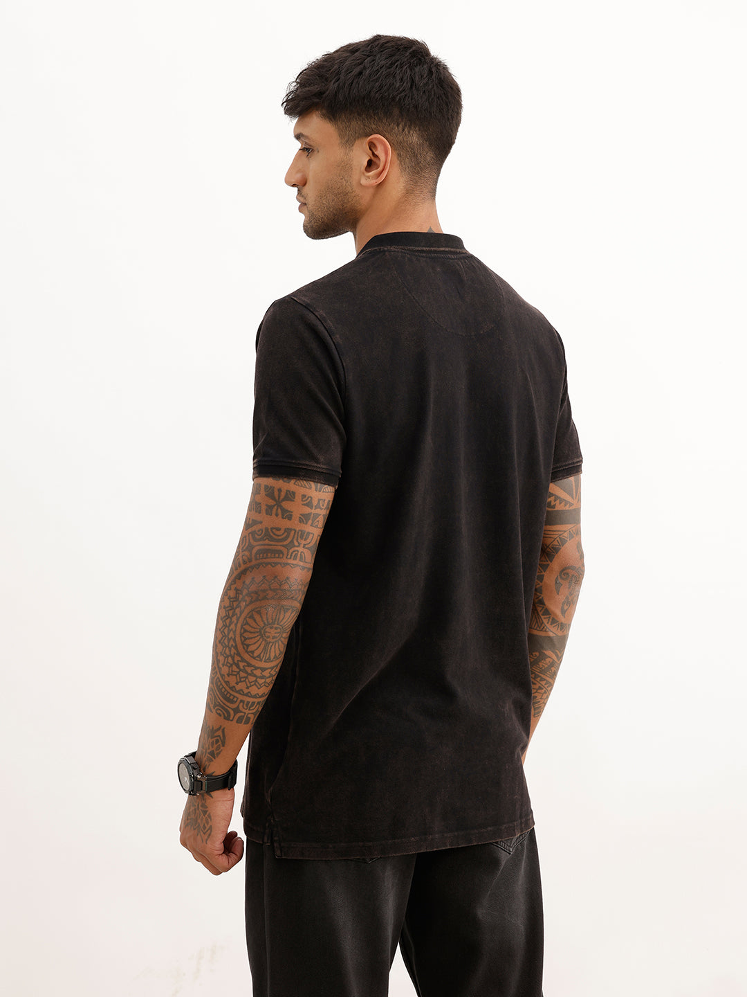 Slim Fit Faded Cut & Sew Polo T-Shirt | Black