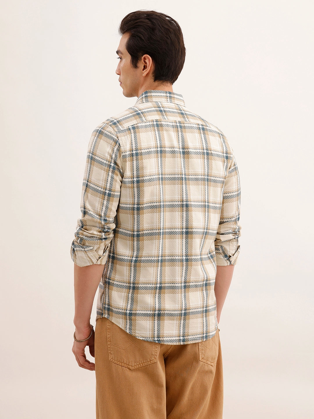 Regular Fit Double Pocket Checkered Shirt | Beige