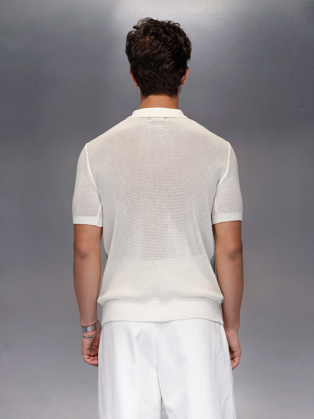 Pastel Stripe Textured Knit Polo | Off White