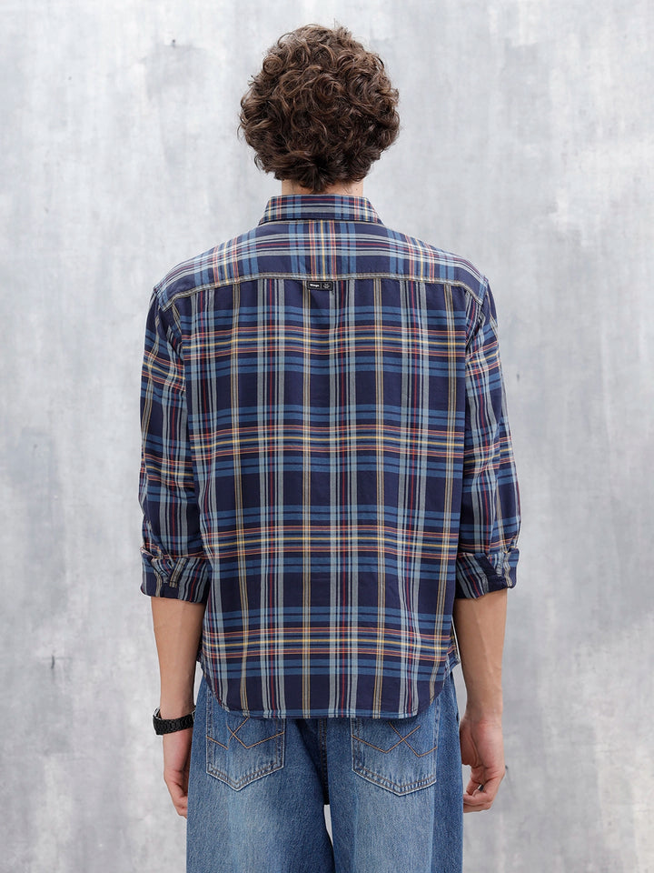 Wrogn Comfort Fit Checkered Shirt  | Navy Blue
