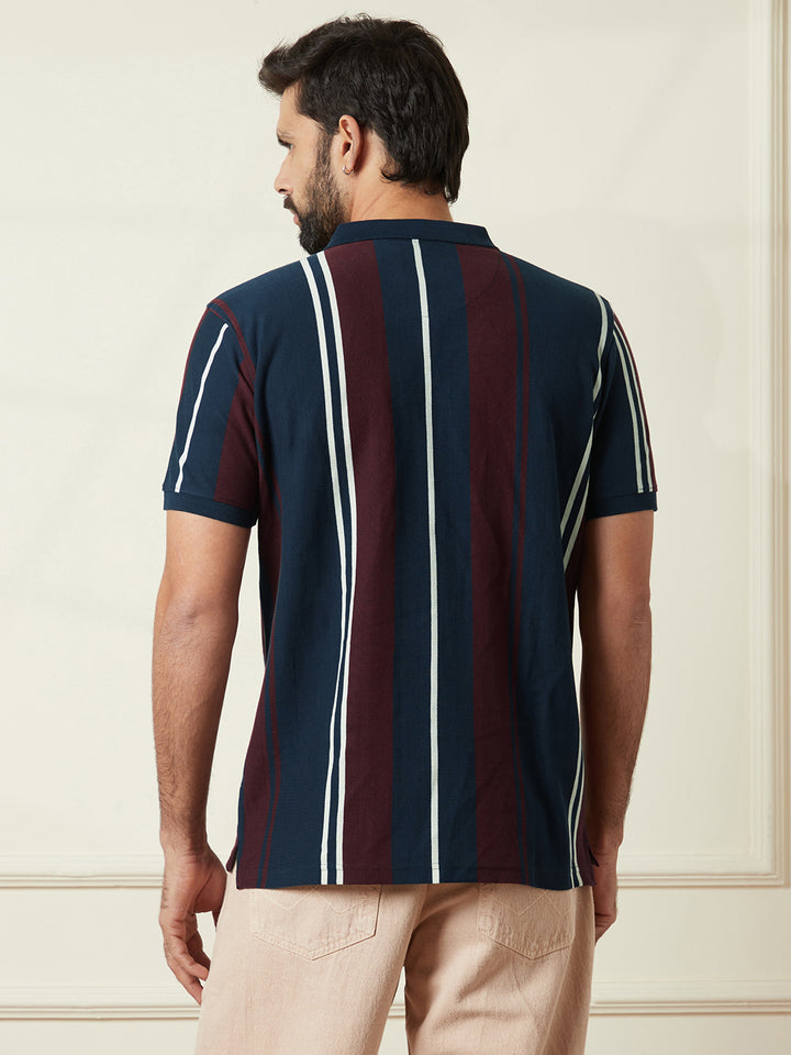 Navy Striped Slim Fit Polo T-Shirt