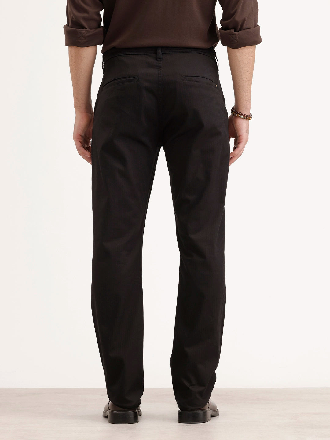 Solid Straight Fit Herringbone Trouser | Black