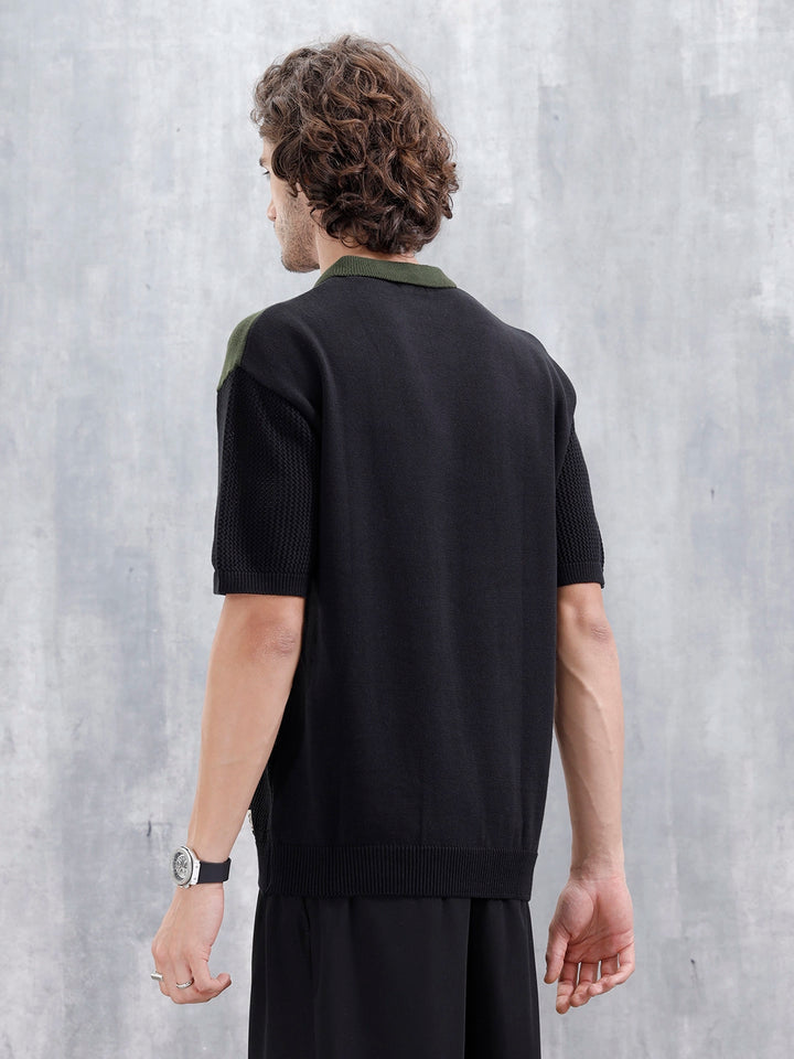 Casual Men Oversized Fit Flat Knit Polo T-shirt With Zipper | Black