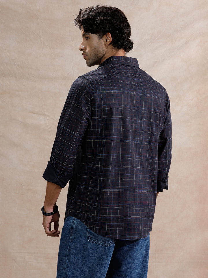 Printed Checked Regular Fit Shirt  | Navy Blue