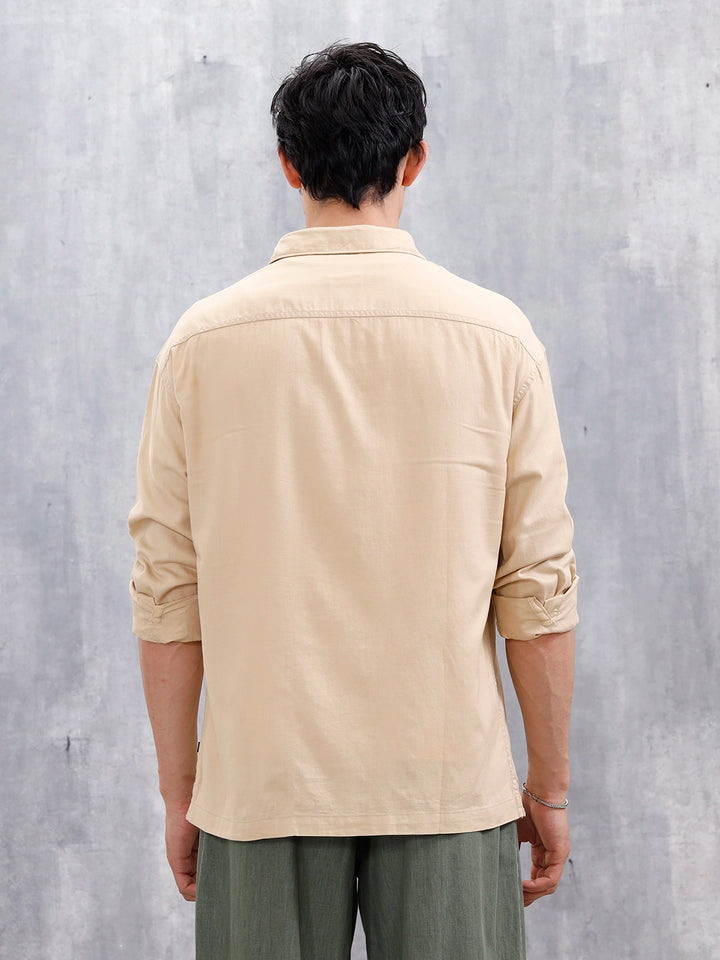 Oversized Fit Solid Shirt With Double Flap Pockets | Beige