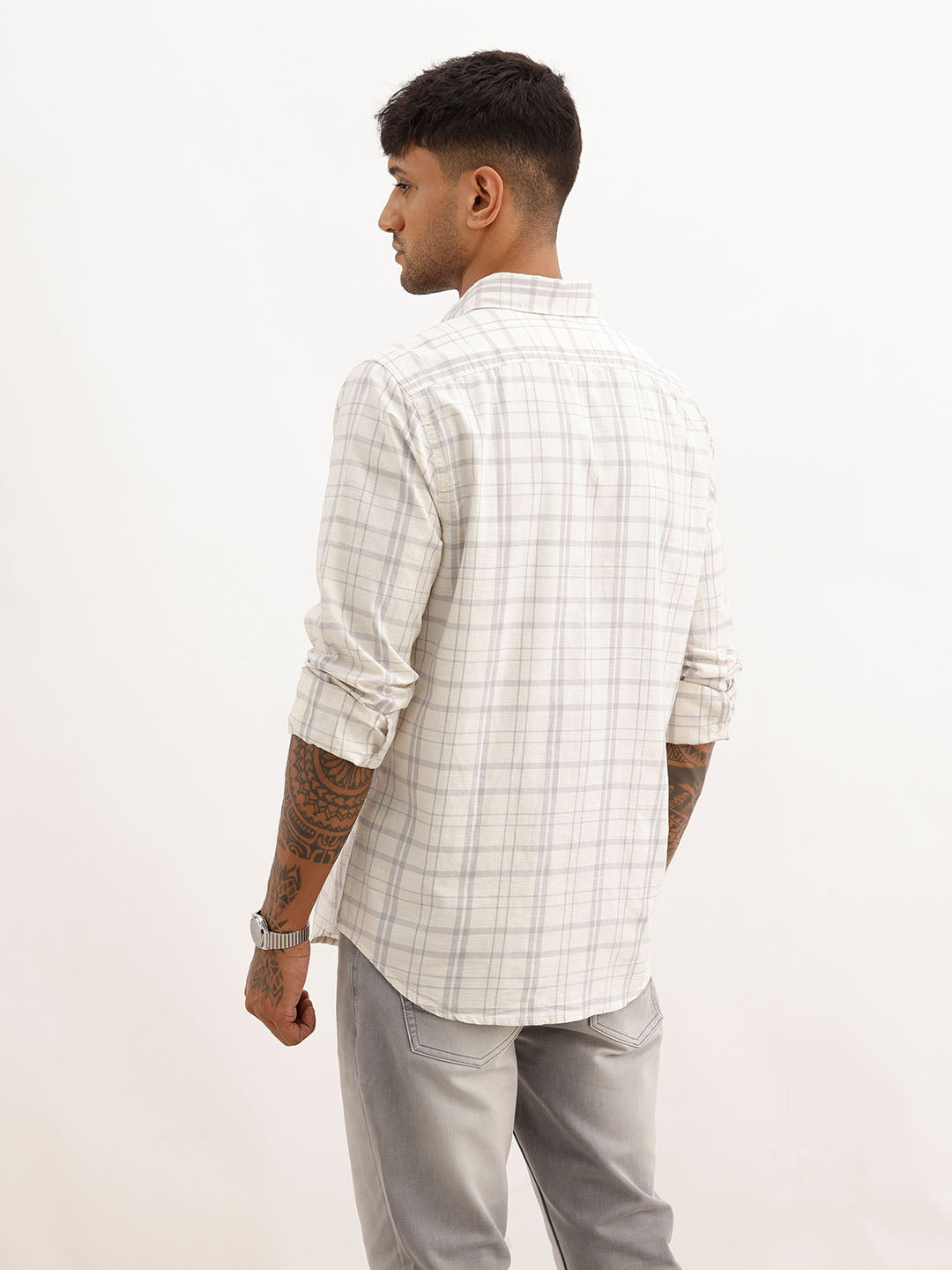Slim Fit Checkered Full Sleeve Shirt | Off White