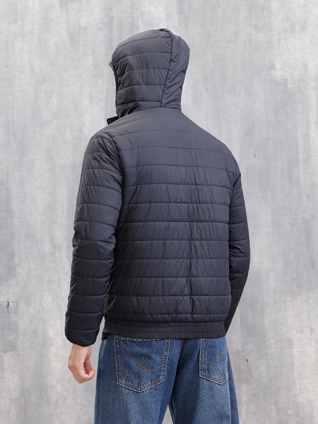 Hooded Puffer Bomber Jacket | Navy Blue